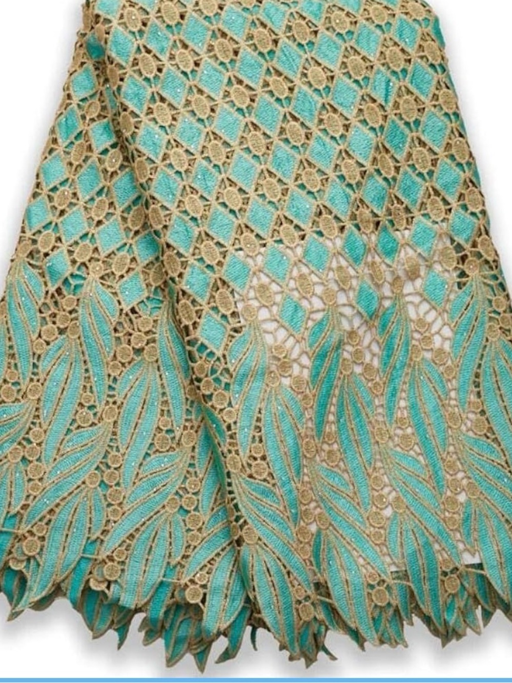 Turquoise and Gold Floral Lace Fabric Panel